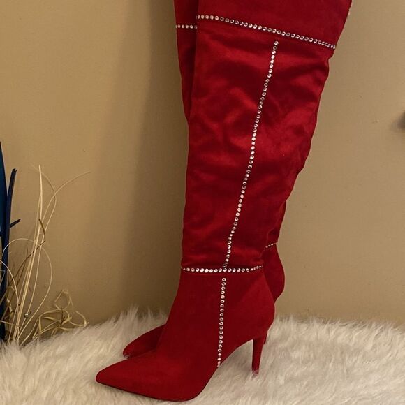 NWOT Jessica Simpson Women's Red Studded Pointed Toe Over Knee Boots Size: 9 - Picture 5 of 16